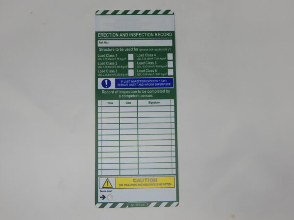 Erection & Inspection Record Tag. - (Mandatory 7 Day Warning in Blue)