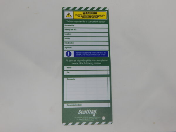 Erection & Inspection Record Tag. - (Mandatory 7 Day Warning in Blue)